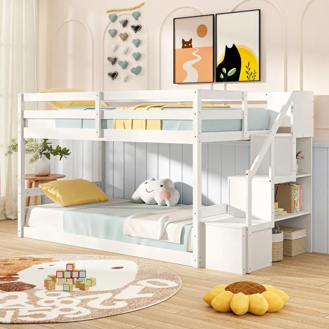 Twin Over Twin Low Bunk Bed with Storage Stairs Solid Wood Floor Bunk Bed Frame-White - White - Bunk Bed Frame