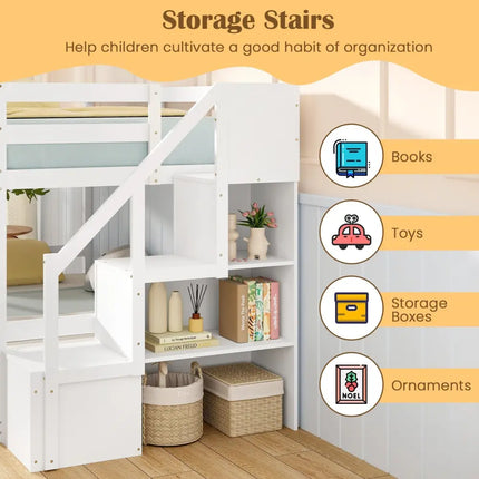 Twin Over Twin Low Bunk Bed with Storage Stairs Solid Wood Floor Bunk Bed Frame-White - White - Bunk Bed Frame
