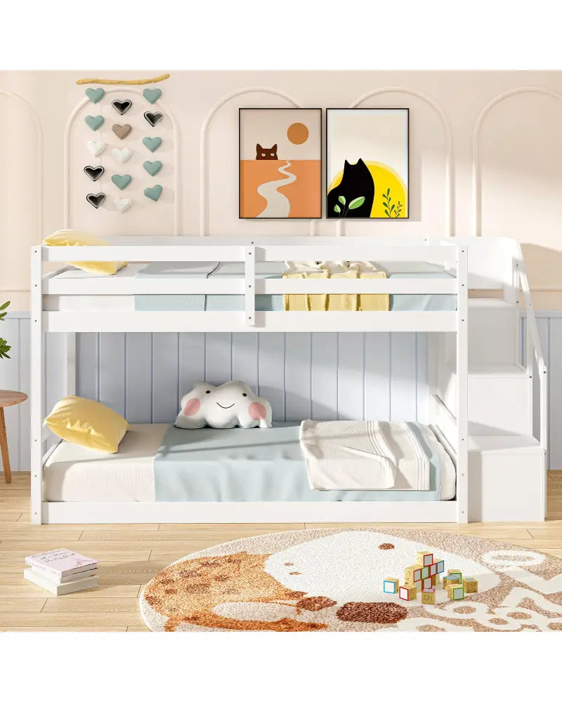 Twin Over Twin Low Bunk Bed with Storage Stairs Solid Wood Floor Bunk Bed Frame-White - White - Bunk Bed Frame