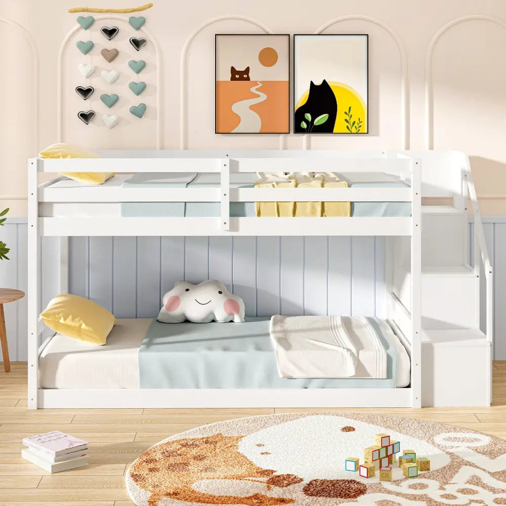 Twin Over Twin Low Bunk Bed with Storage Stairs Solid Wood Floor Bunk Bed Frame-White - White - Bunk Bed Frame