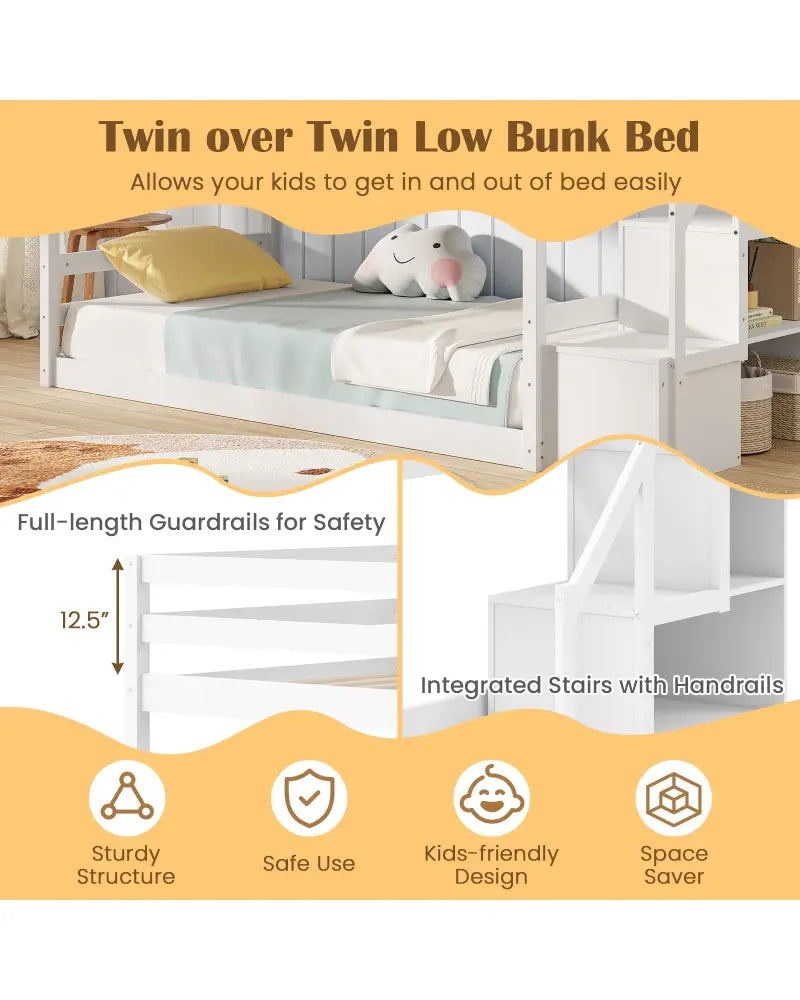 Twin Over Twin Low Bunk Bed with Storage Stairs Solid Wood Floor Bunk Bed Frame-White - White - Bunk Bed Frame