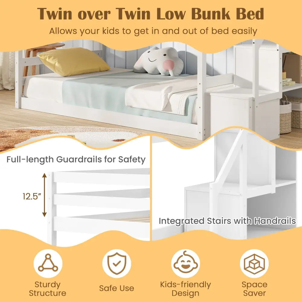 Twin Over Twin Low Bunk Bed with Storage Stairs Solid Wood Floor Bunk Bed Frame-White - White - Bunk Bed Frame