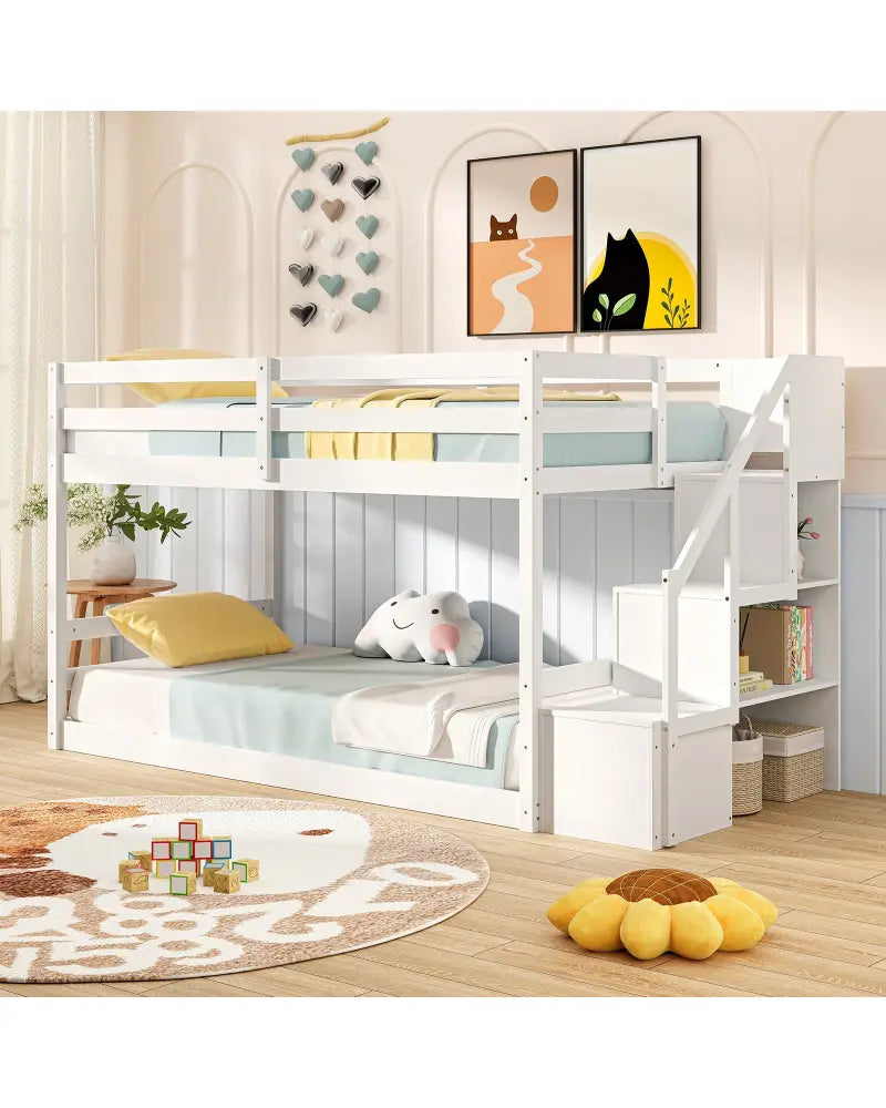 Twin Over Twin Low Bunk Bed with Storage Stairs Solid Wood Floor Bunk Bed Frame-White - White - Bunk Bed Frame