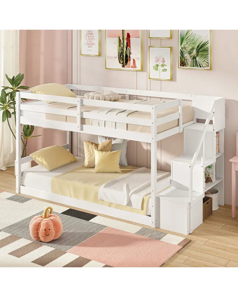 Twin Over Twin Low Bunk Bed with Storage Stairs Solid Wood Floor Bunk Bed Frame-White - White - Bunk Bed Frame