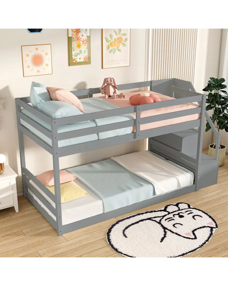 Twin Over Twin Low Bunk Bed with Storage Stairs Solid Wood Floor Bunk Bed Frame-Gray - Gray - Bunk Bed Frame