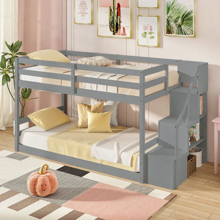 Twin Over Twin Low Bunk Bed with Storage Stairs Solid Wood Floor Bunk Bed Frame-Gray - Gray - Bunk Bed Frame