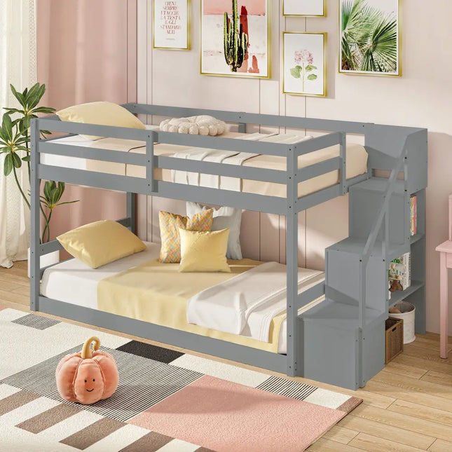 Twin Over Twin Low Bunk Bed with Storage Stairs Solid Wood Floor Bunk Bed Frame-Gray - Gray - Bunk Bed Frame