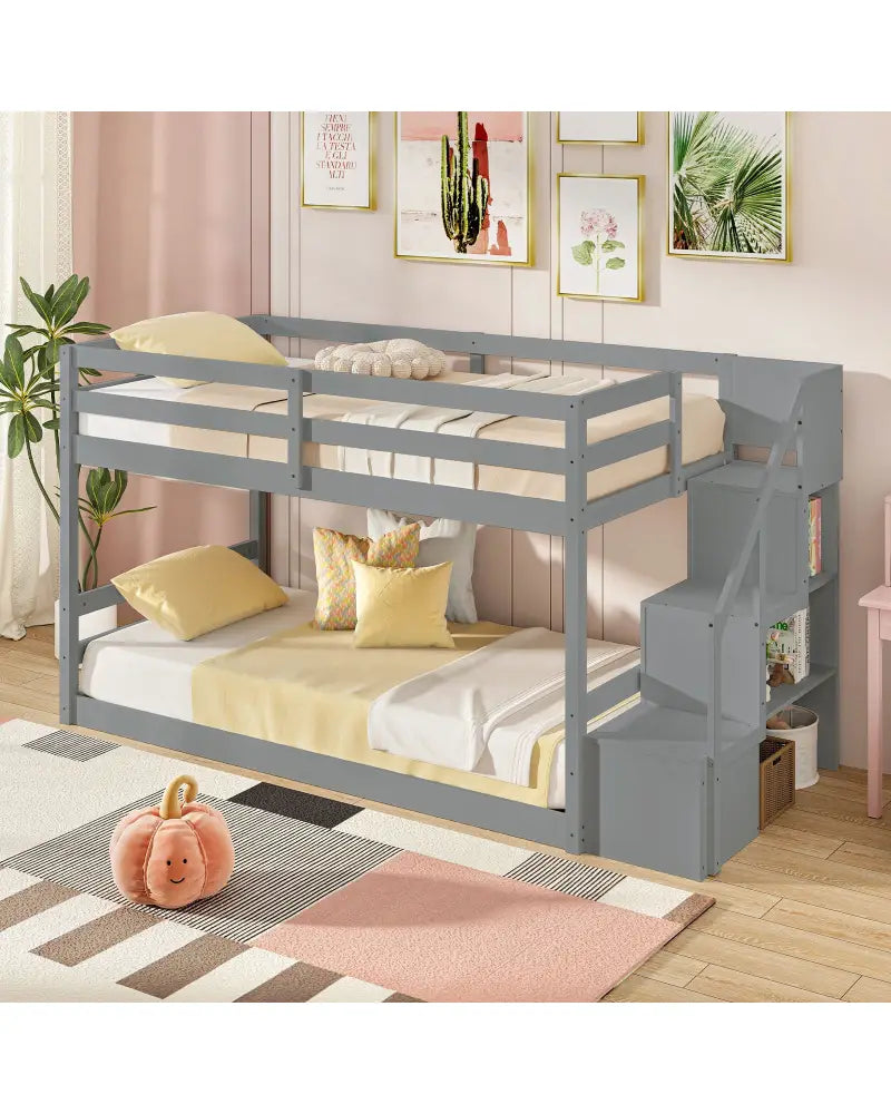 Twin Over Twin Low Bunk Bed with Storage Stairs Solid Wood Floor Bunk Bed Frame-Gray - Gray - Bunk Bed Frame