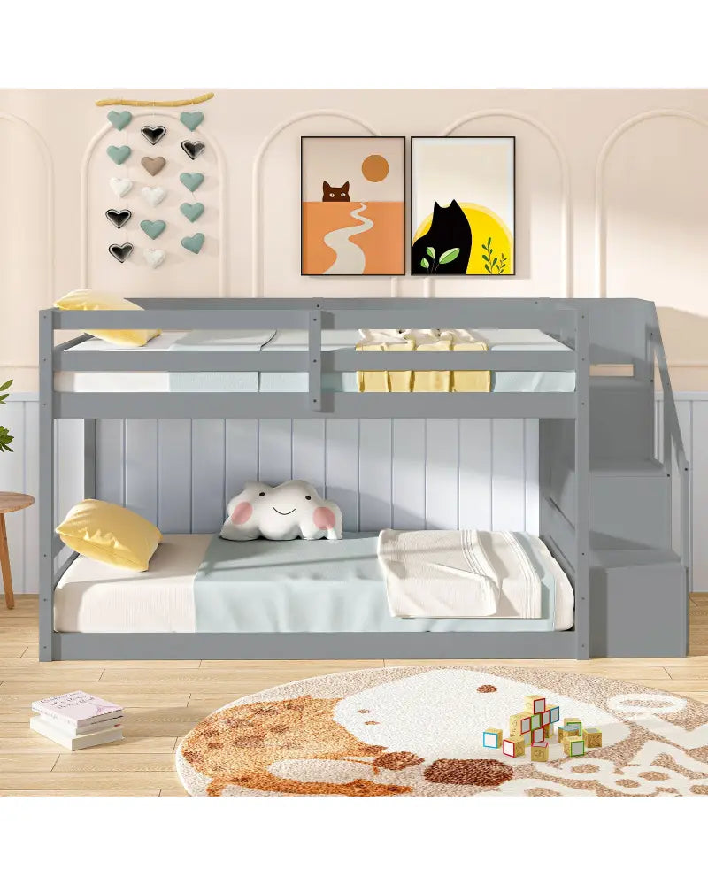 Twin Over Twin Low Bunk Bed with Storage Stairs Solid Wood Floor Bunk Bed Frame-Gray - Gray - Bunk Bed Frame