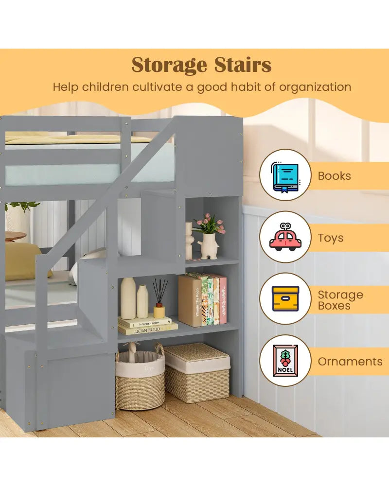 Twin Over Twin Low Bunk Bed with Storage Stairs Solid Wood Floor Bunk Bed Frame-Gray - Gray - Bunk Bed Frame