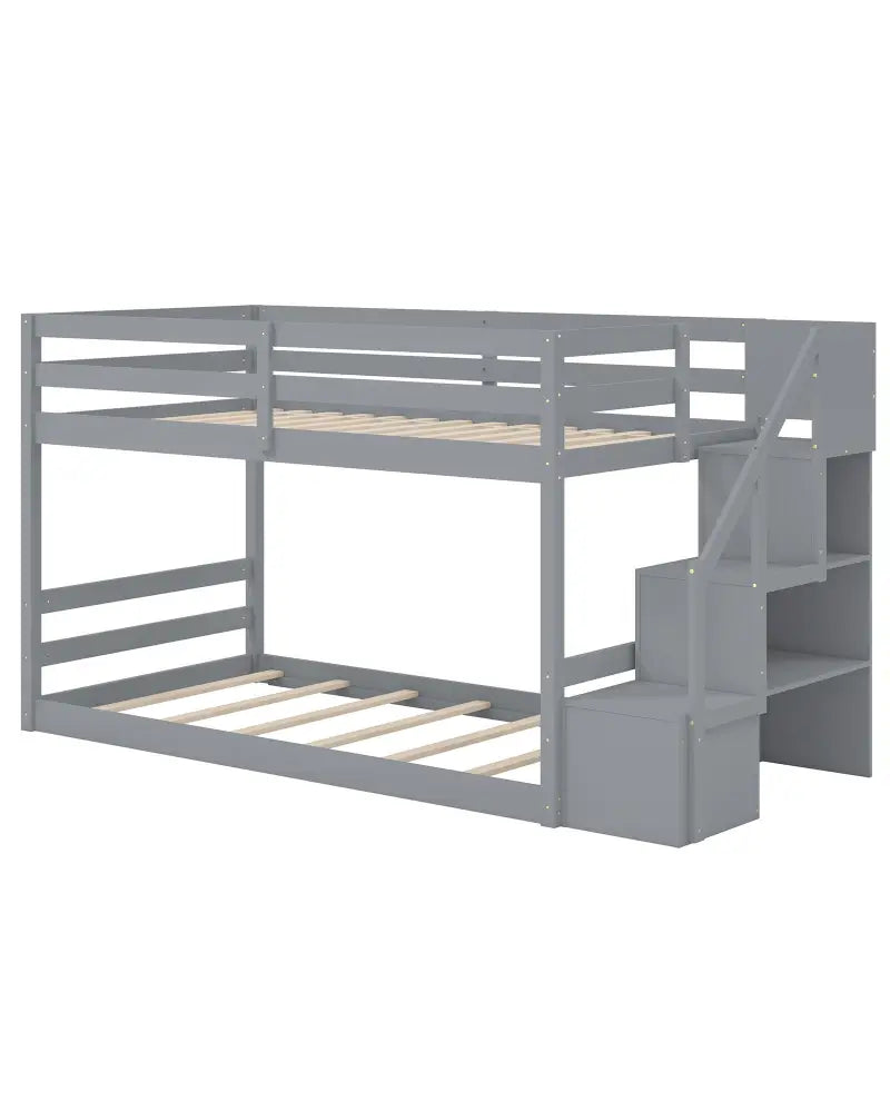 Twin Over Twin Low Bunk Bed with Storage Stairs Solid Wood Floor Bunk Bed Frame-Gray - Gray - Bunk Bed Frame