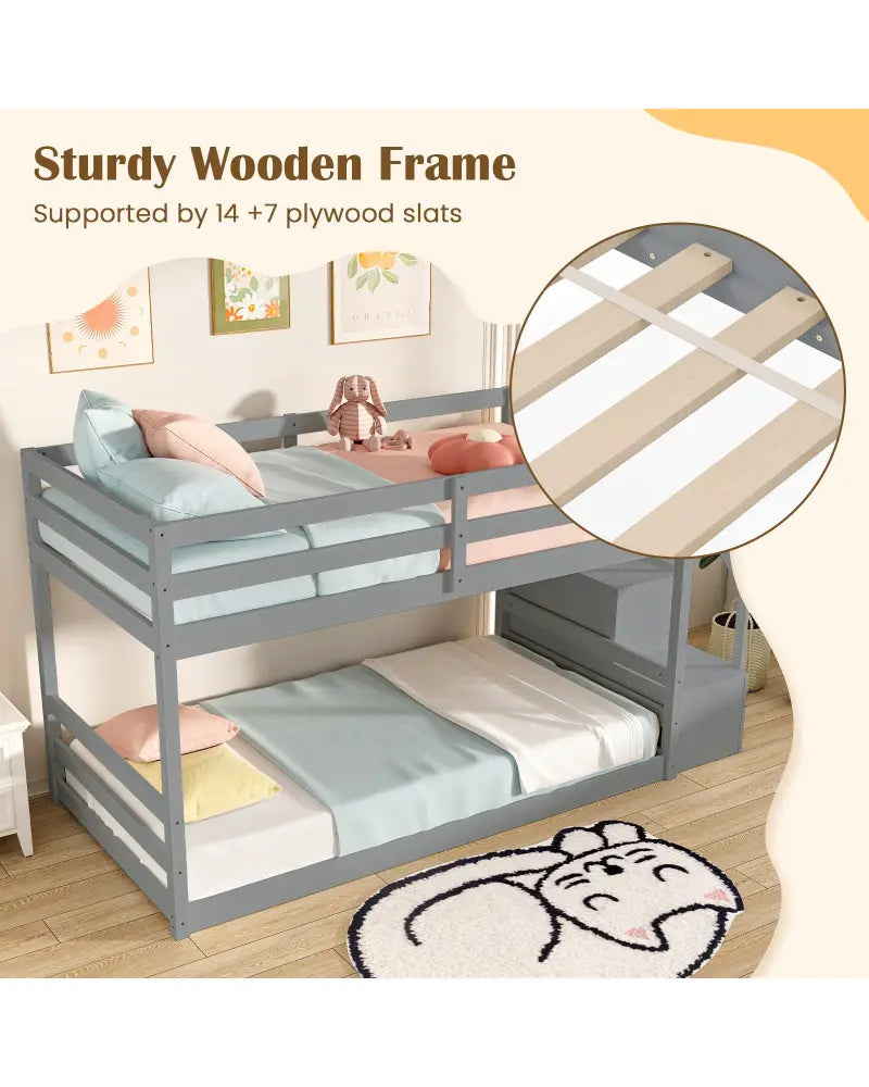 Twin Over Twin Low Bunk Bed with Storage Stairs Solid Wood Floor Bunk Bed Frame-Gray - Gray - Bunk Bed Frame