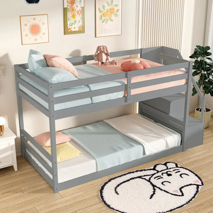 Twin Over Twin Low Bunk Bed with Storage Stairs Solid Wood Floor Bunk Bed Frame-Gray - Gray - Bunk Bed Frame
