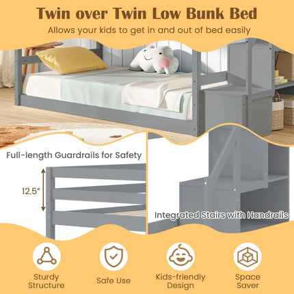 Twin Over Twin Low Bunk Bed with Storage Stairs Solid Wood Floor Bunk Bed Frame-Gray - Gray - Bunk Bed Frame