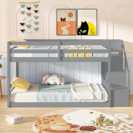 Twin Over Twin Low Bunk Bed with Storage Stairs Solid Wood Floor Bunk Bed Frame-Gray - Gray - Bunk Bed Frame