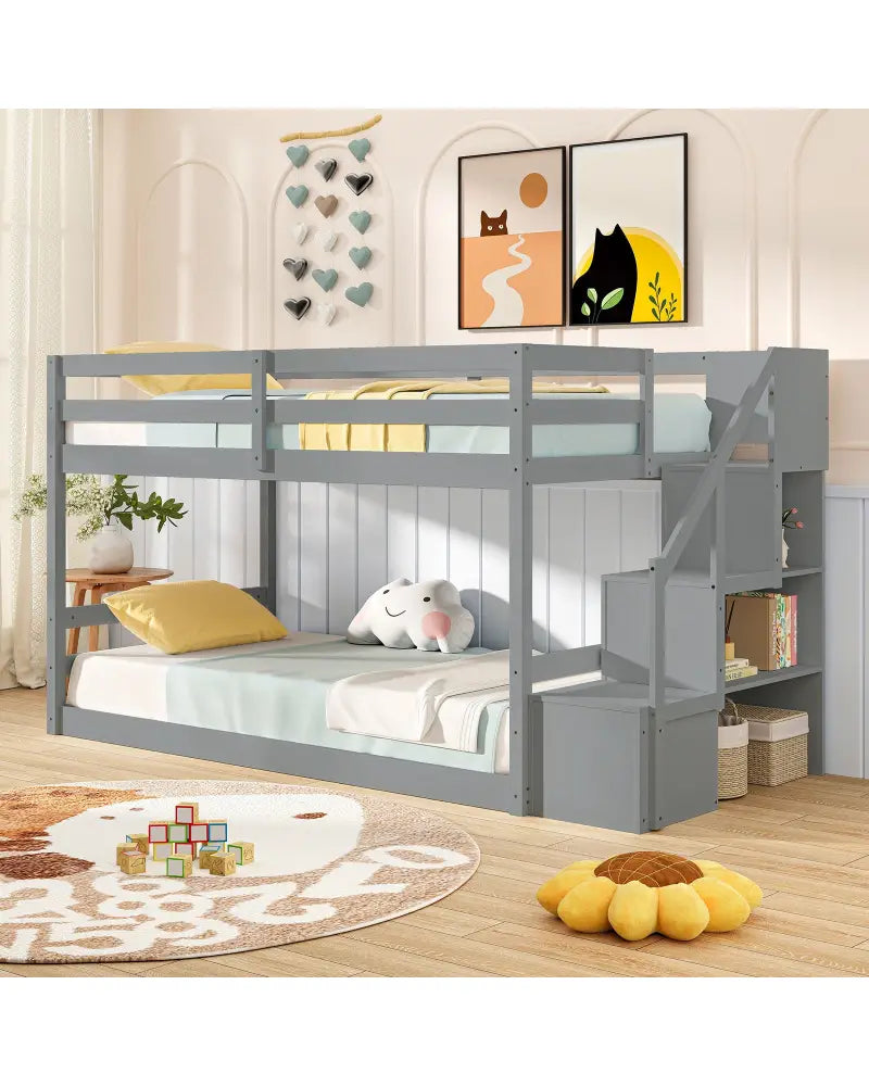 Twin Over Twin Low Bunk Bed with Storage Stairs Solid Wood Floor Bunk Bed Frame-Gray - Gray - Bunk Bed Frame