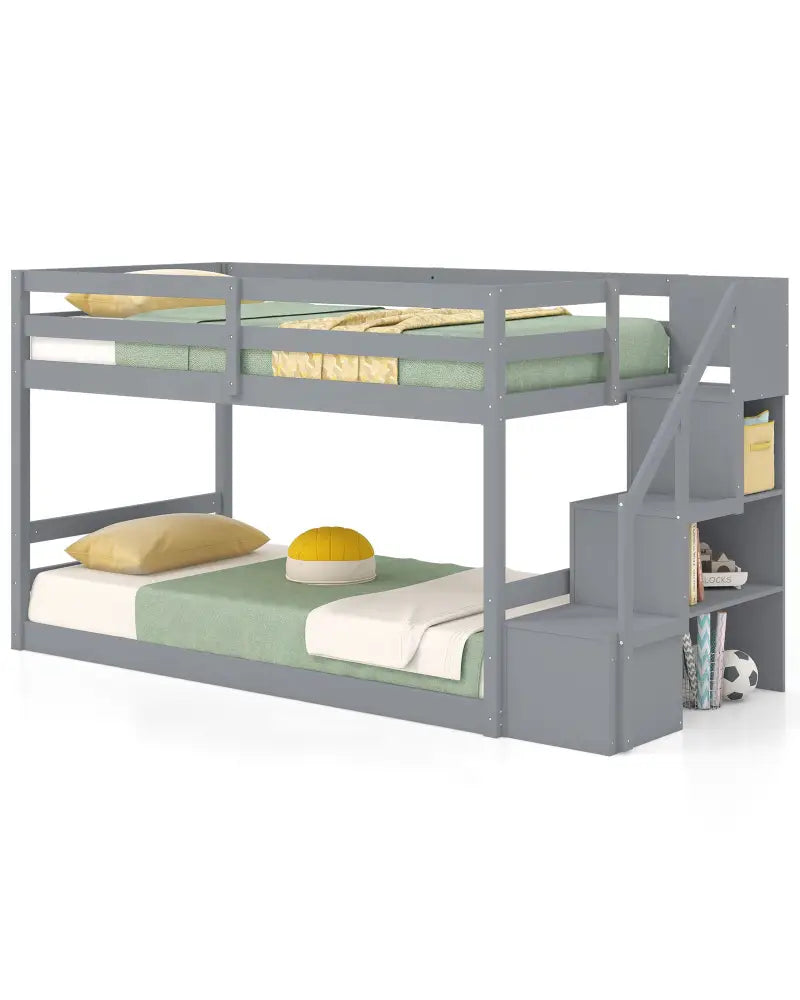 Twin Over Twin Low Bunk Bed with Storage Stairs Solid Wood Floor Bunk Bed Frame-Gray - Gray - Bunk Bed Frame