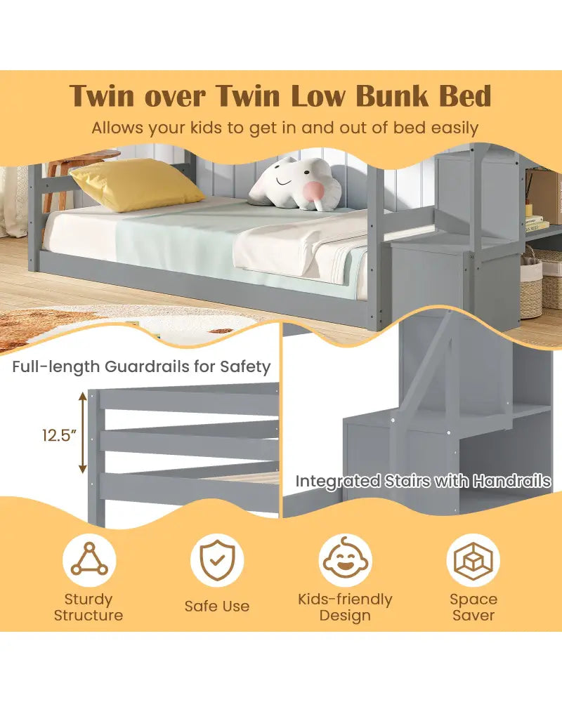 Twin Over Twin Low Bunk Bed with Storage Stairs Solid Wood Floor Bunk Bed Frame-Gray - Gray - Bunk Bed Frame