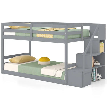 Twin Over Twin Low Bunk Bed with Storage Stairs Solid Wood Floor Bunk Bed Frame-Gray - Gray - Bunk Bed Frame