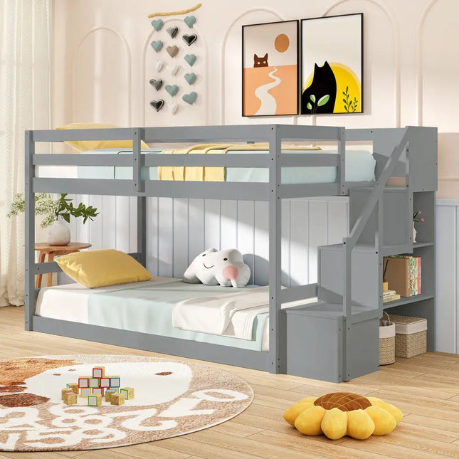 Twin Over Twin Low Bunk Bed with Storage Stairs Solid Wood Floor Bunk Bed Frame-Gray - Gray - Bunk Bed Frame