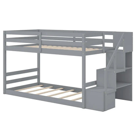 Twin Over Twin Low Bunk Bed with Storage Stairs Solid Wood Floor Bunk Bed Frame-Gray - Gray - Bunk Bed Frame