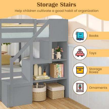 Twin Over Twin Low Bunk Bed with Storage Stairs Solid Wood Floor Bunk Bed Frame-Gray - Gray - Bunk Bed Frame