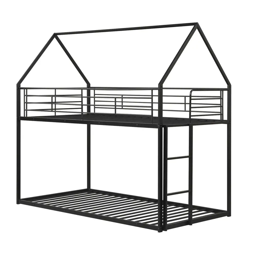 Twin Over Twin Metal Bunk Bed with Roof and Ladder-Black - Black - Bunk Bed Frame