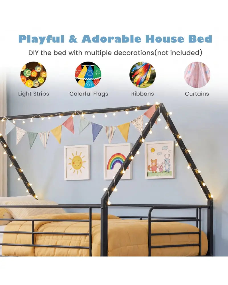 Twin Over Twin Metal Bunk Bed with Roof and Ladder-Black - Black - Bunk Bed Frame