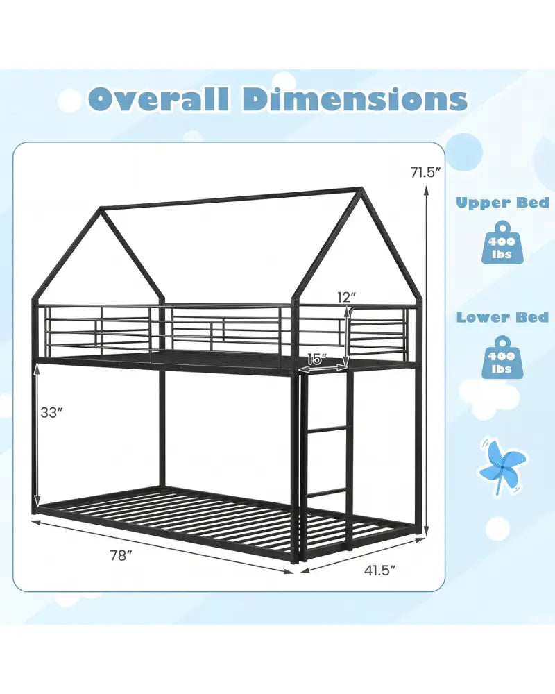 Twin Over Twin Metal Bunk Bed with Roof and Ladder-Black - Black - Bunk Bed Frame