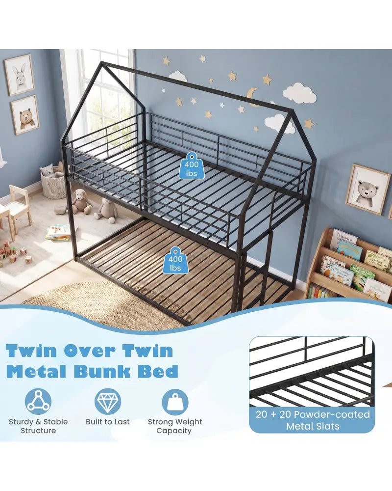Twin Over Twin Metal Bunk Bed with Roof and Ladder-Black - Black - Bunk Bed Frame