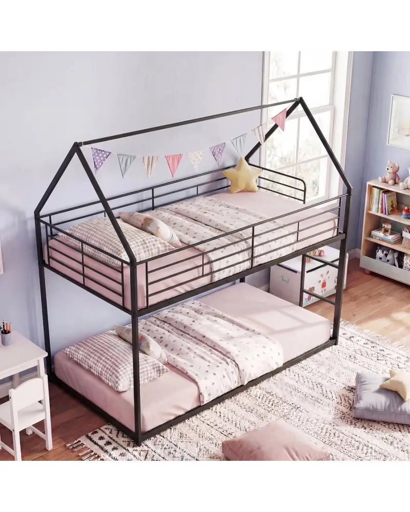 Twin Over Twin Metal Bunk Bed with Roof and Ladder-Black - Black - Bunk Bed Frame