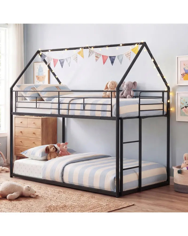 Twin Over Twin Metal Bunk Bed with Roof and Ladder-Black - Black - Bunk Bed Frame