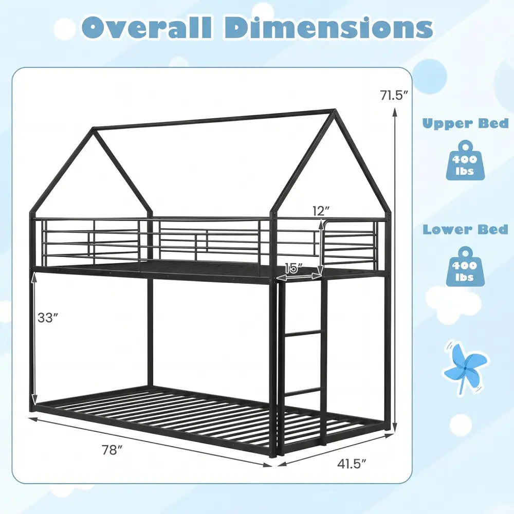 Twin Over Twin Metal Bunk Bed with Roof and Ladder-Black - Black - Bunk Bed Frame