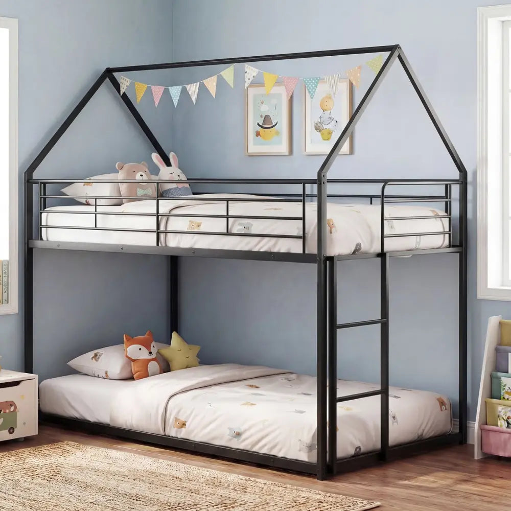 Twin Over Twin Metal Bunk Bed with Roof and Ladder-Black - Black - Bunk Bed Frame