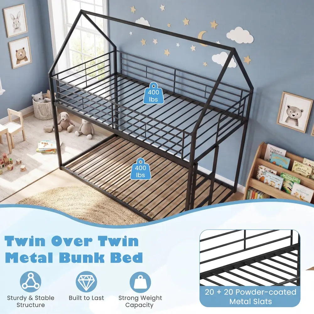 Twin Over Twin Metal Bunk Bed with Roof and Ladder-Black - Black - Bunk Bed Frame