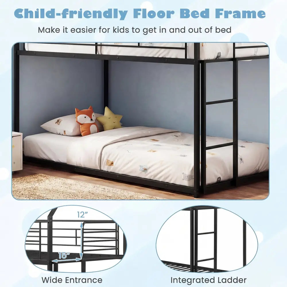 Twin Over Twin Metal Bunk Bed with Roof and Ladder-Black - Black - Bunk Bed Frame