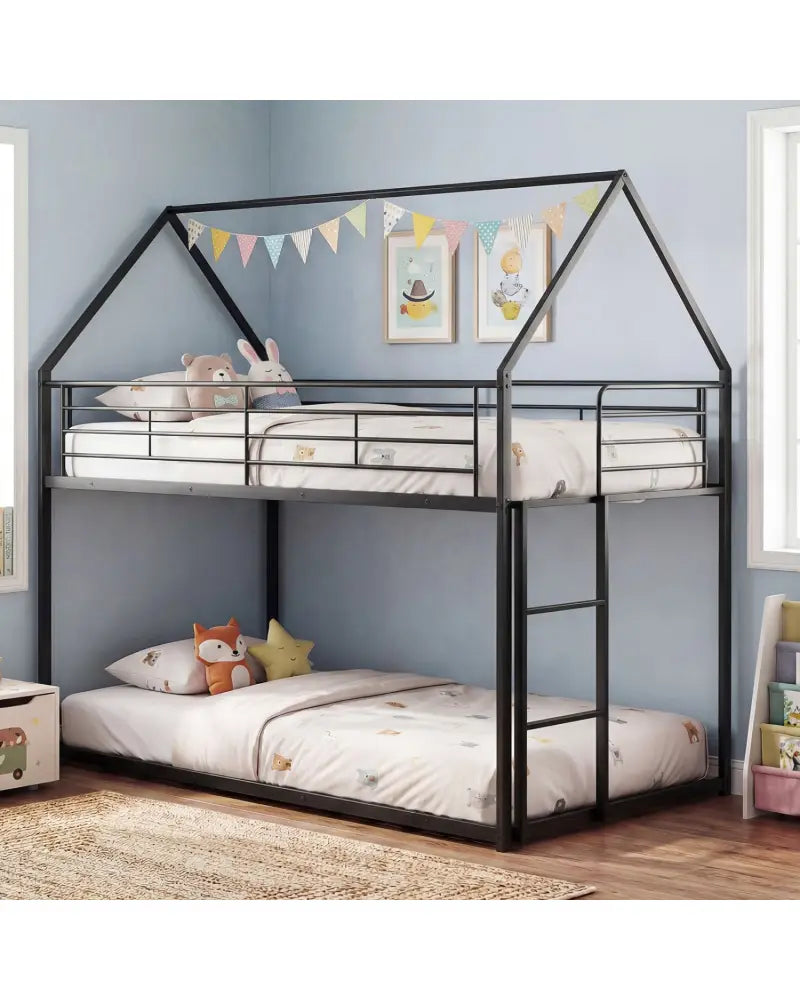 Twin Over Twin Metal Bunk Bed with Roof and Ladder-Black - Black - Bunk Bed Frame