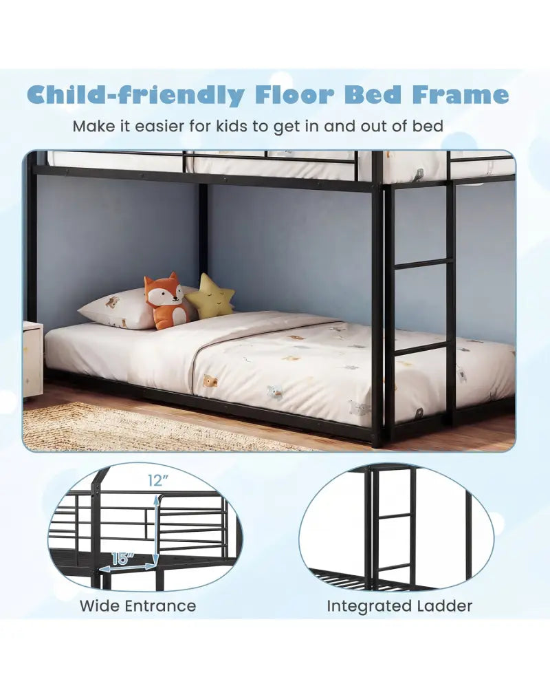 Twin Over Twin Metal Bunk Bed with Roof and Ladder-Black - Black - Bunk Bed Frame