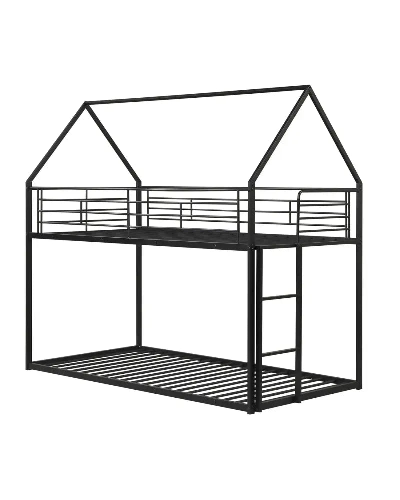 Twin Over Twin Metal Bunk Bed with Roof and Ladder-Black - Black - Bunk Bed Frame