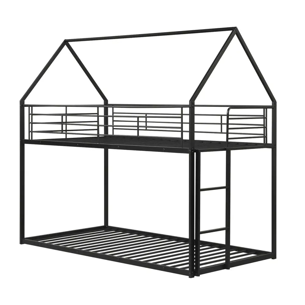 Twin Over Twin Metal Bunk Bed with Roof and Ladder-Black - Black - Bunk Bed Frame