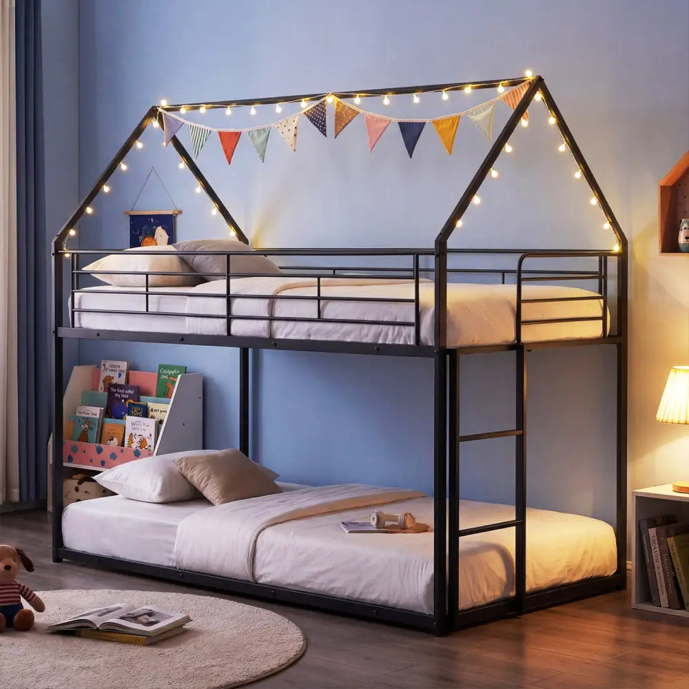 Twin Over Twin Metal Bunk Bed with Roof and Ladder-Black - Black - Bunk Bed Frame