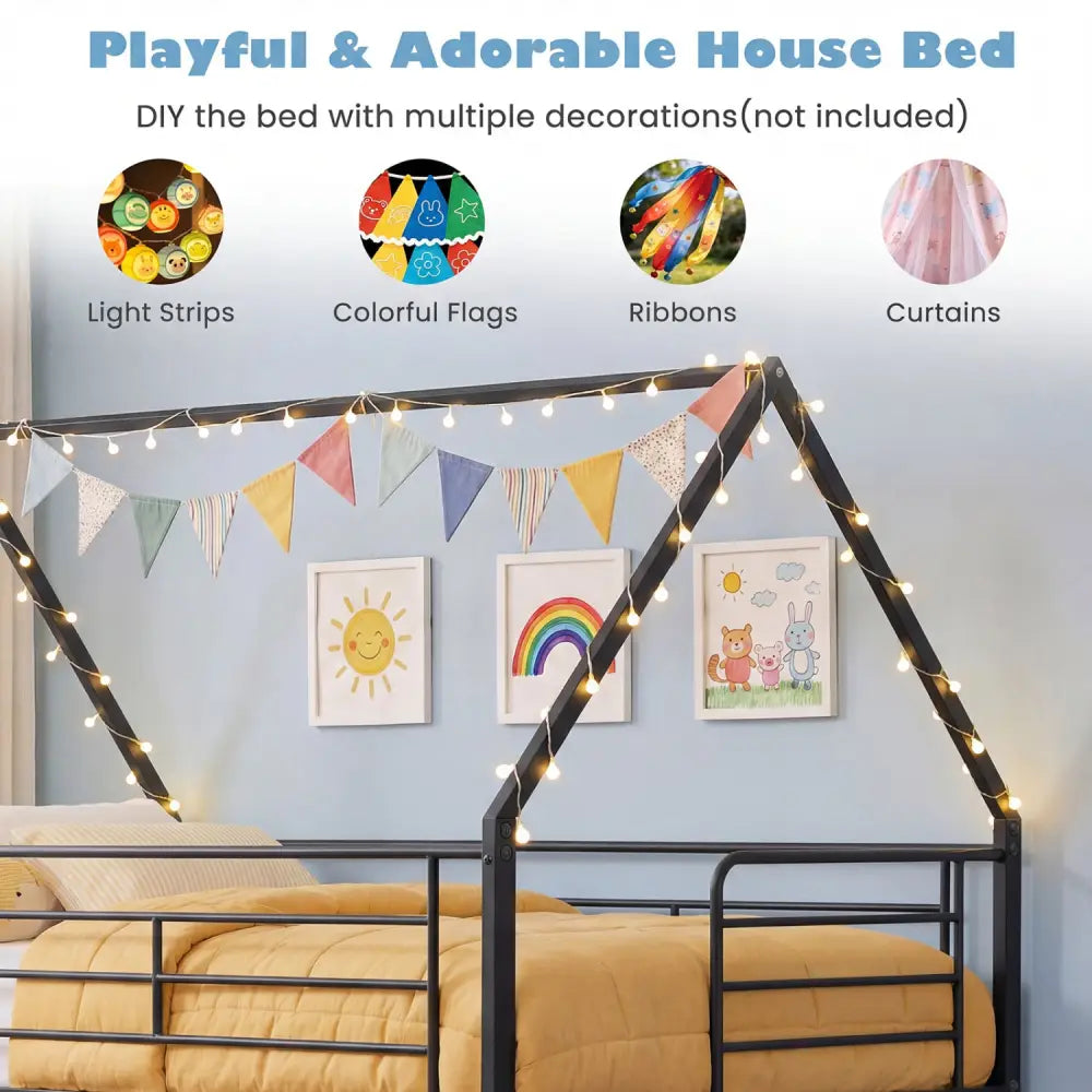 Twin Over Twin Metal Bunk Bed with Roof and Ladder-Black - Black - Bunk Bed Frame