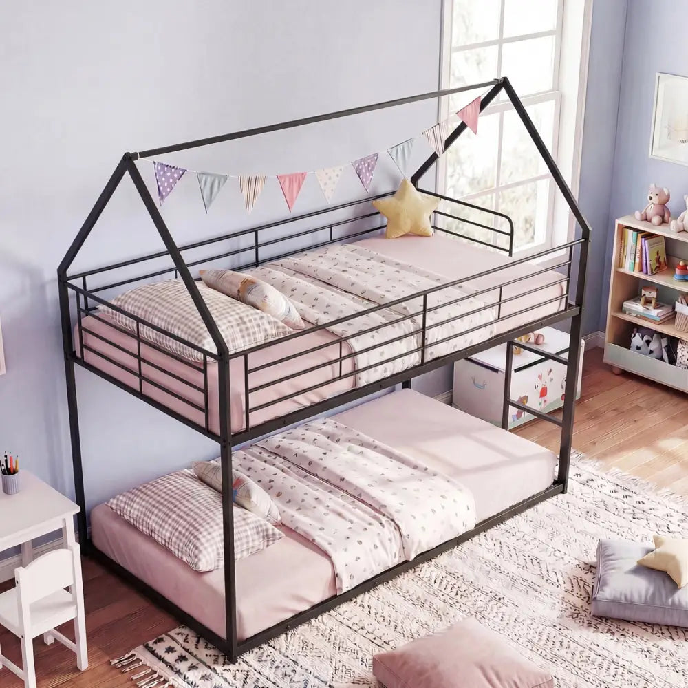 Twin Over Twin Metal Bunk Bed with Roof and Ladder-Black - Black - Bunk Bed Frame