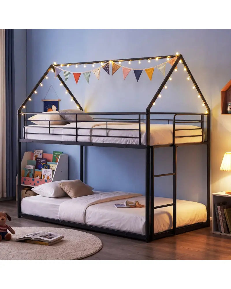 Twin Over Twin Metal Bunk Bed with Roof and Ladder-Black - Black - Bunk Bed Frame