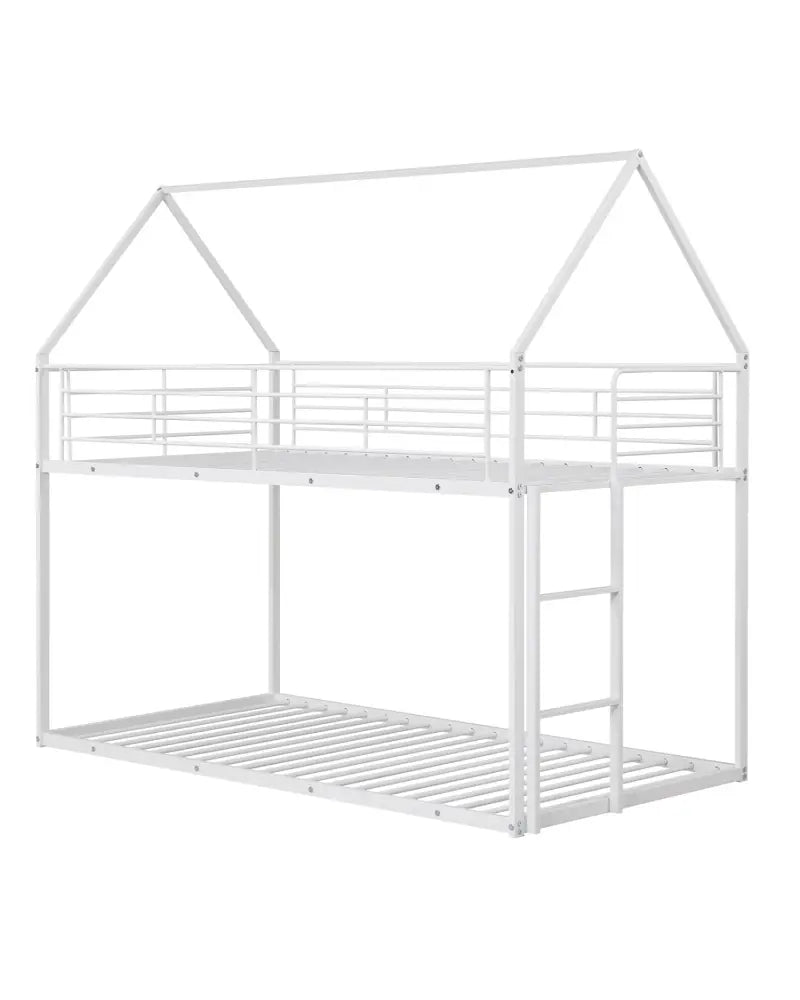 Twin Over Twin Metal Bunk Bed with Roof and Ladder-White - White - Bunk Bed Frame