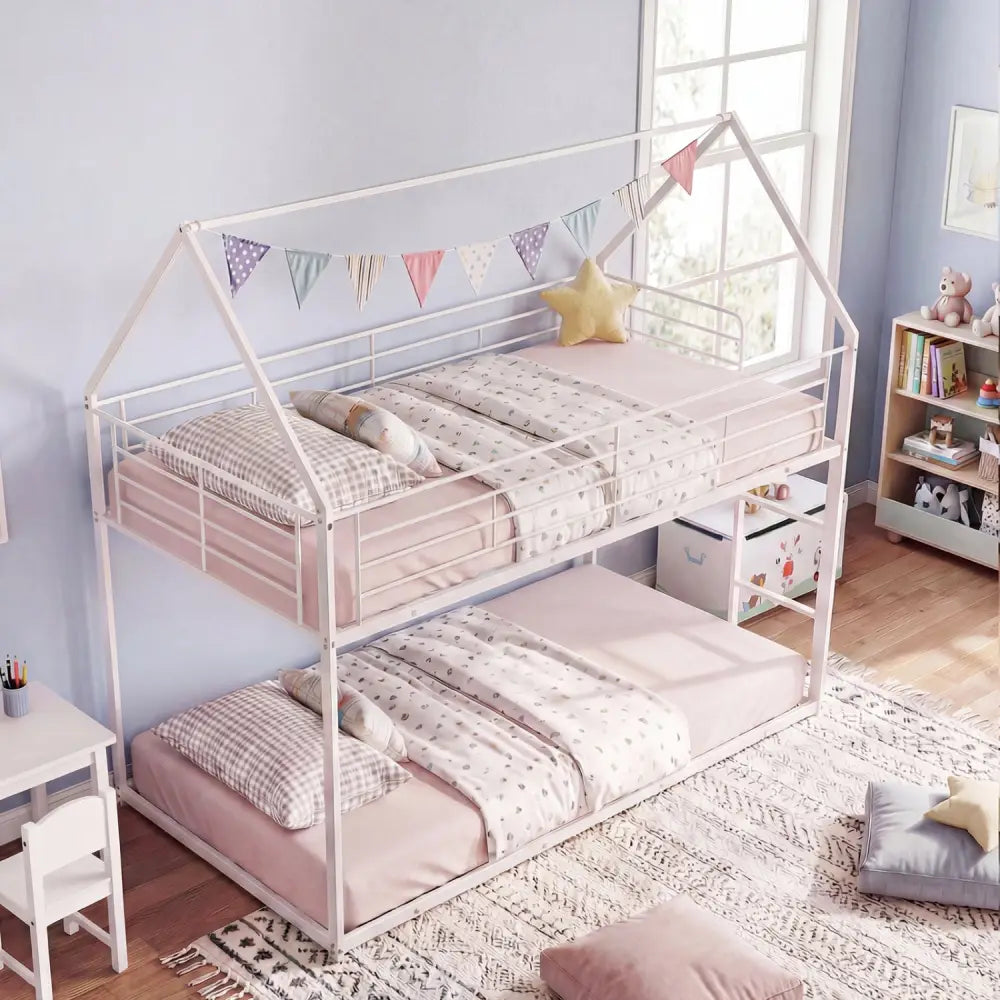 Twin Over Twin Metal Bunk Bed with Roof and Ladder-White - White - Bunk Bed Frame