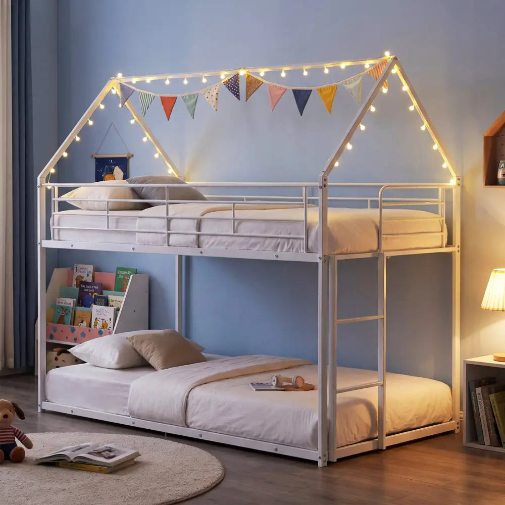 Twin Over Twin Metal Bunk Bed with Roof and Ladder-White - White - Bunk Bed Frame