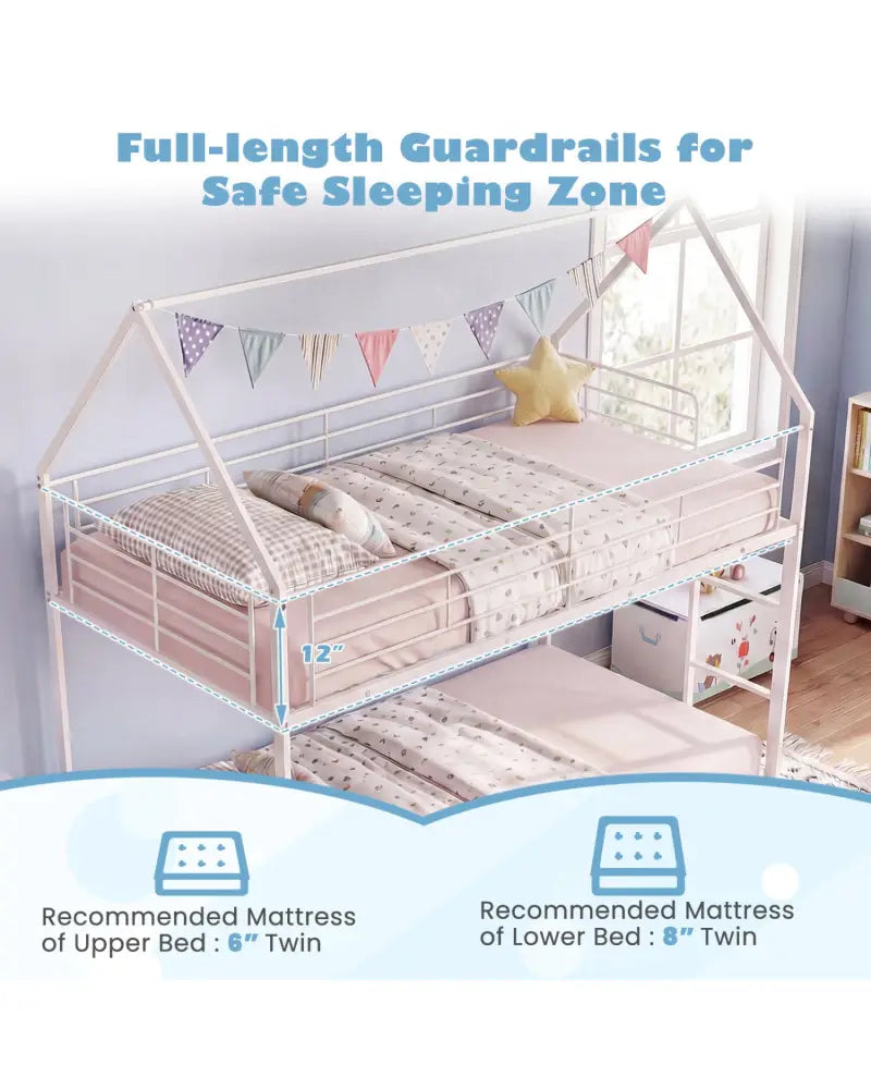 Twin Over Twin Metal Bunk Bed with Roof and Ladder-White - White - Bunk Bed Frame