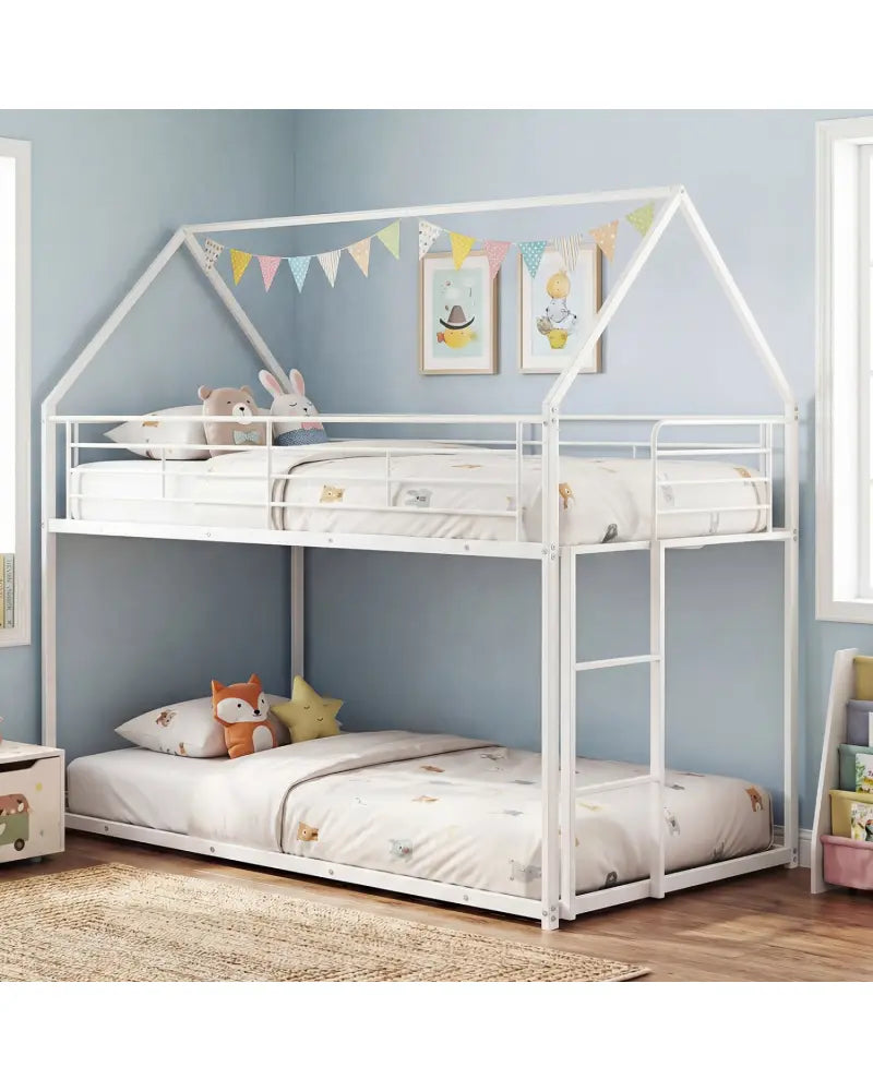 Twin Over Twin Metal Bunk Bed with Roof and Ladder-White - White - Bunk Bed Frame