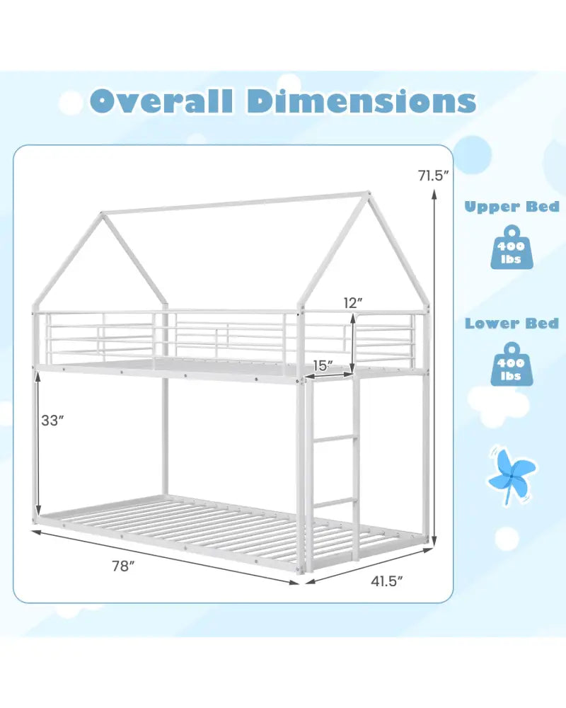 Twin Over Twin Metal Bunk Bed with Roof and Ladder-White - White - Bunk Bed Frame